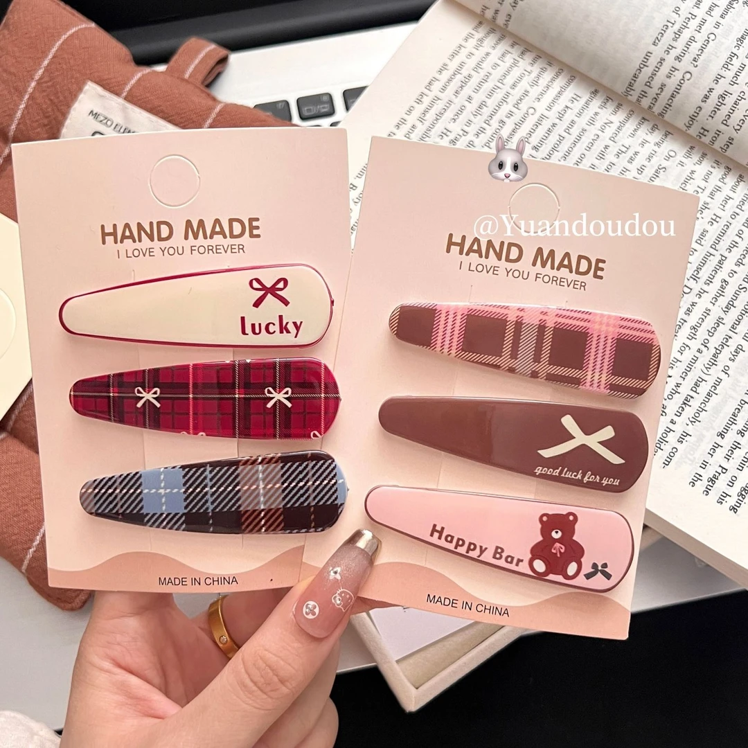 复古新款格纹水滴发饰BB甜美少女刘海发夹侧边bb可爱发卡头饰