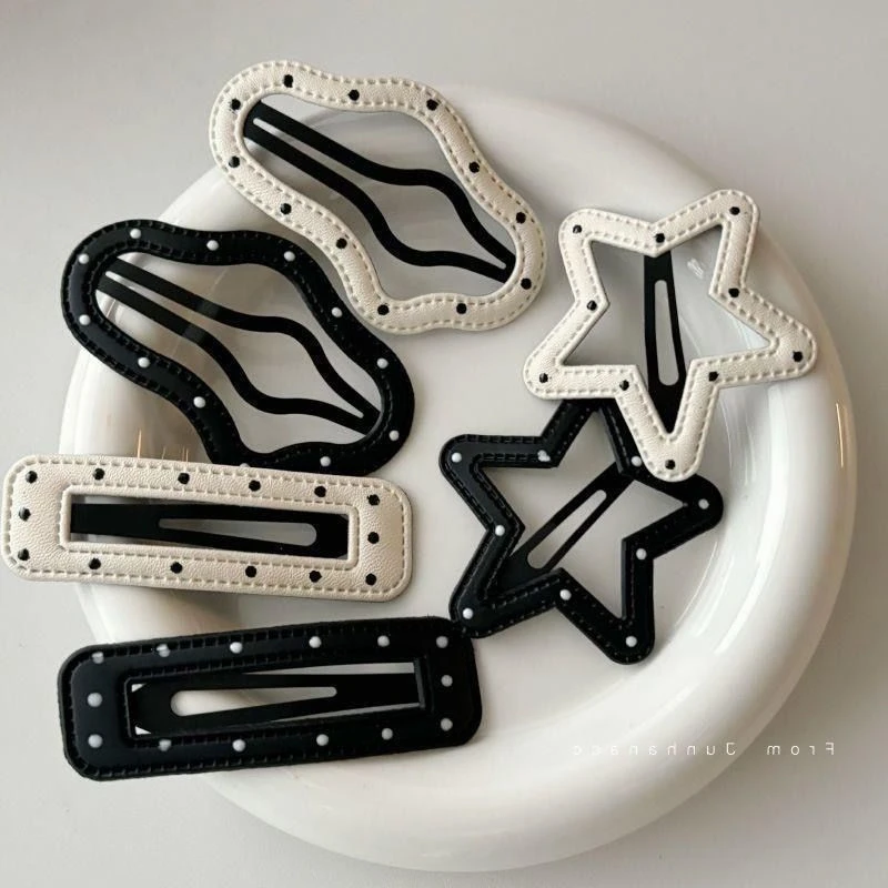 韩版黑白波点皮质发夹五角星云朵BB夹侧边刘海夹边夹发卡碎发夹子