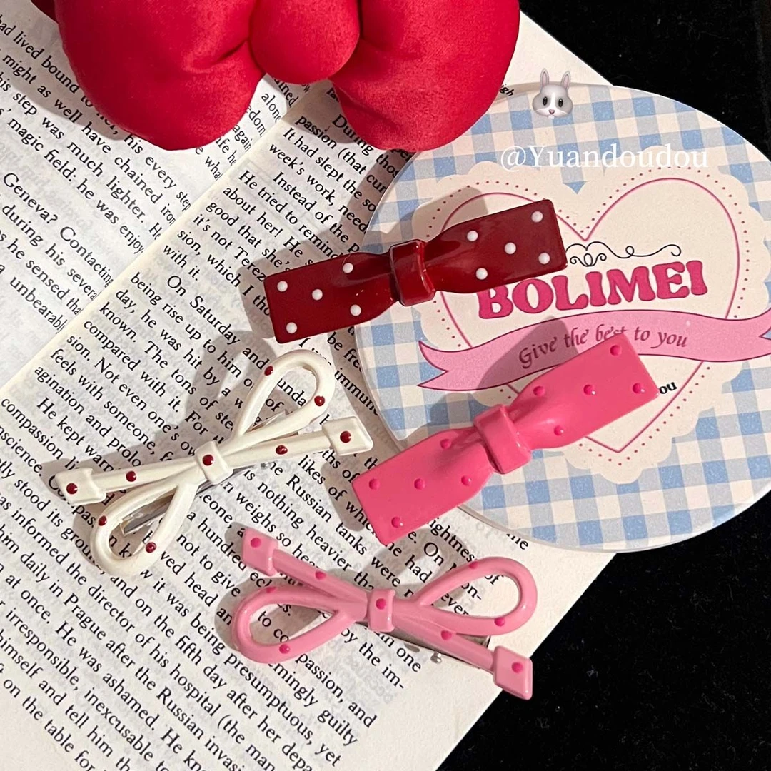 日韩秋冬简约波点蝴蝶结鸭嘴夹ins简约百搭刘海边夹小众精致头饰