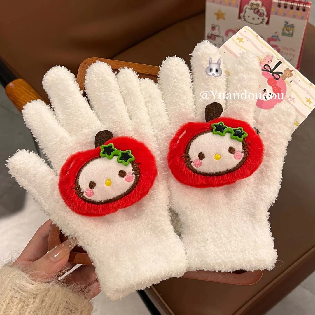 可爱苹果kt头套珊瑚绒手套保暖学生冬季户外骑行五指手套防冻