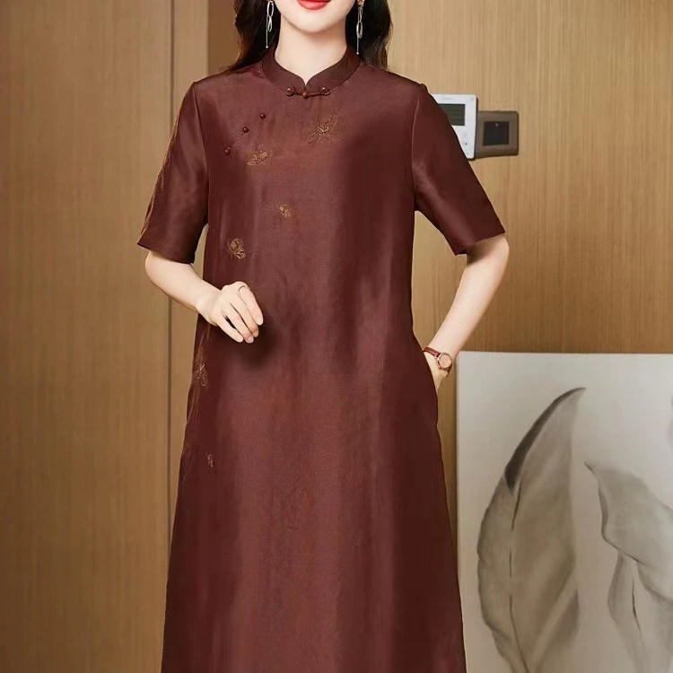 【杭州丝绸】老料红云纱气质桑蚕丝重磅复古宽松喜妈妈连衣裙