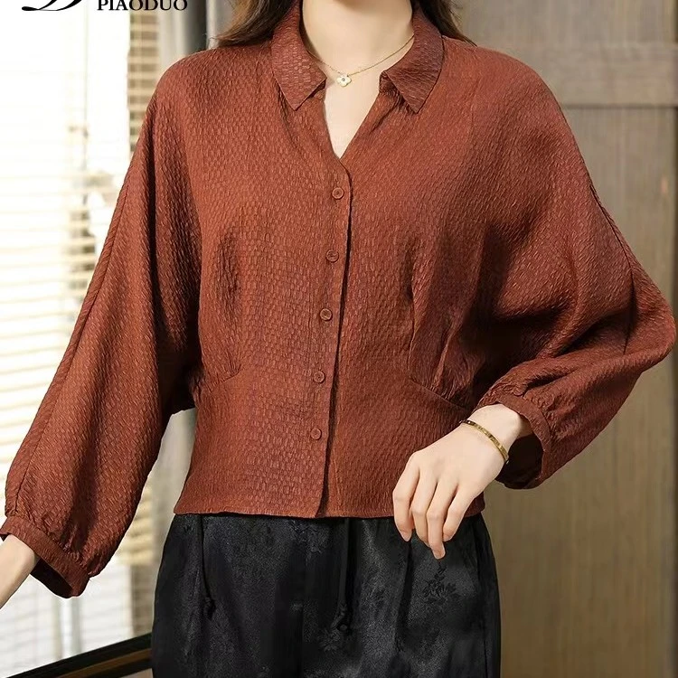 【杭州丝绸】老料香云纱红云纱100桑蚕丝冠乐皱显瘦长袖衬衫上衣