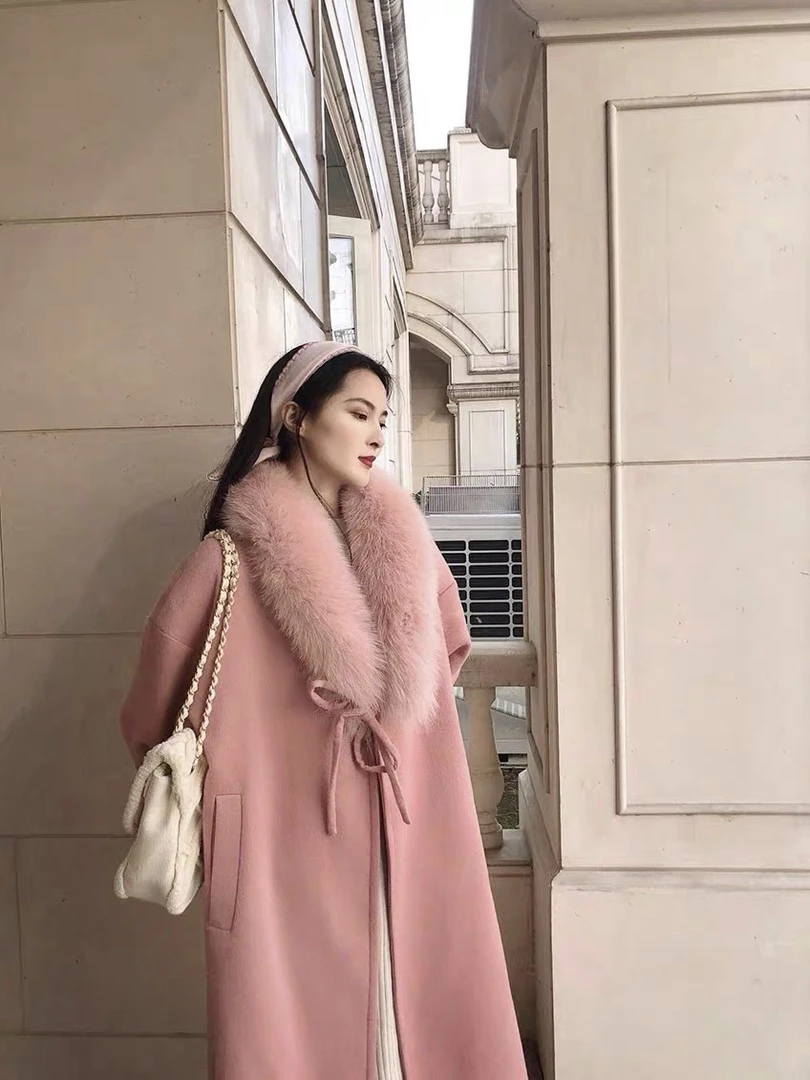 赵又真【人间水蜜桃】 复古羊毛双面呢狐狸毛领气质宽松长款大衣