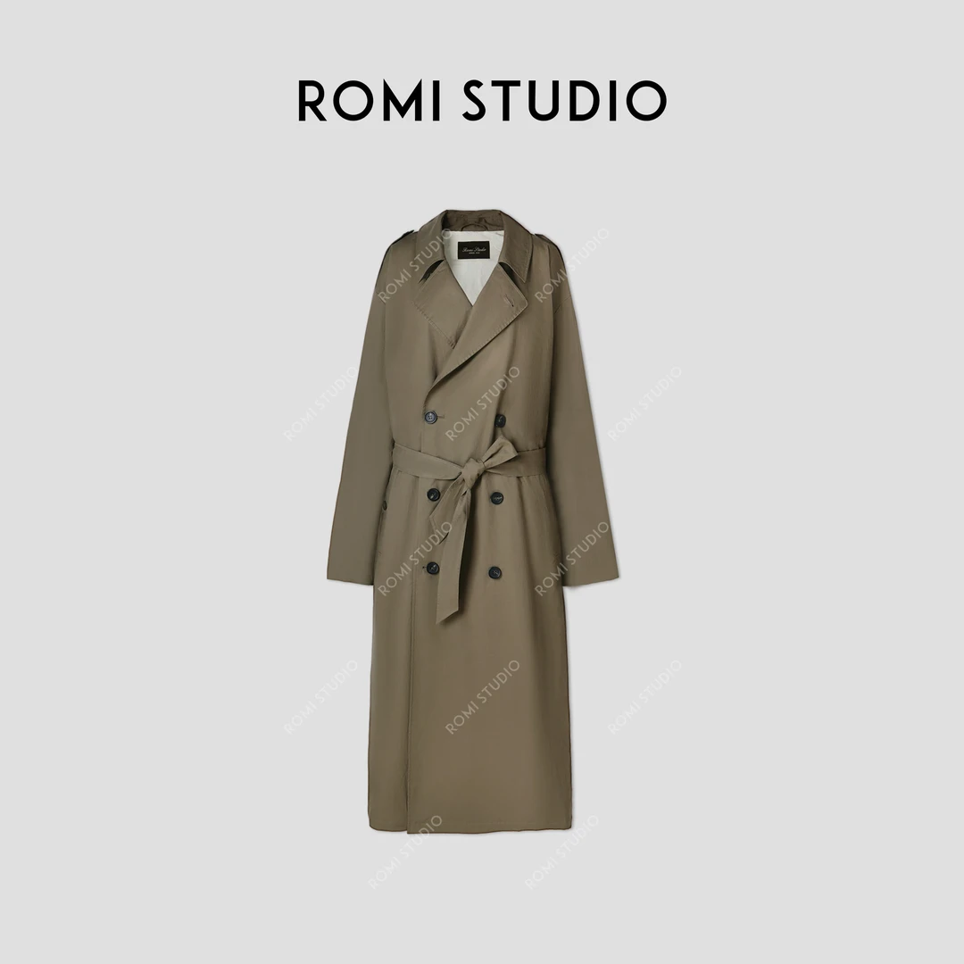 ROMI STUDIO“法式优雅”轻量感镰刀袖双排扣廓形风衣431F2002