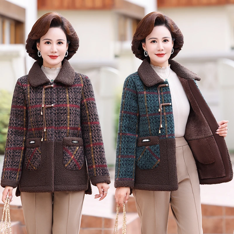 中年妈妈秋冬装加绒加厚仿水貂绒外套格子棉衣中老年女装洋气棉袄