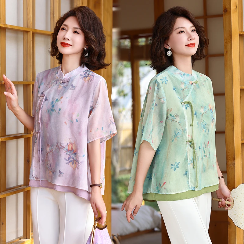 妈妈夏装国风上衣短袖T恤2024新款中年女士宽松时尚洋气雪纺小衫