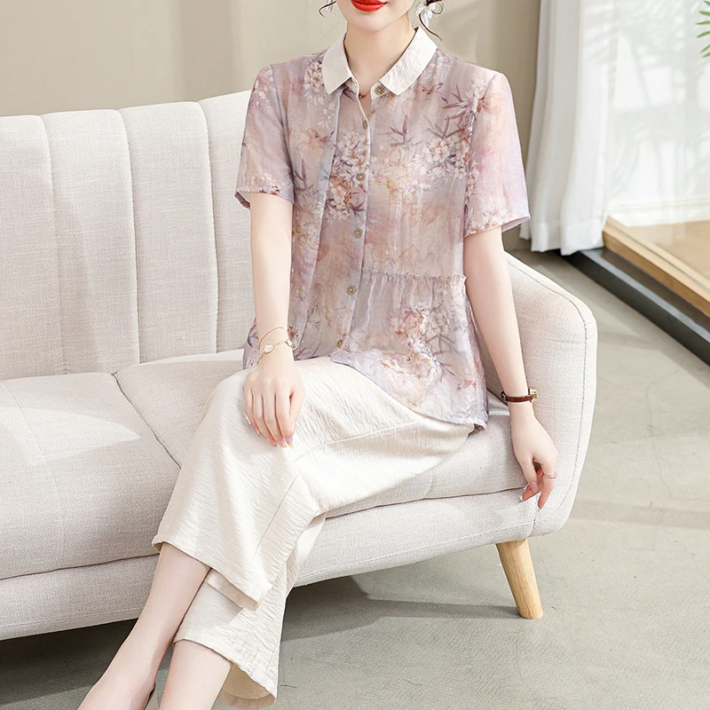 妈妈装夏款短袖T恤雪纺衬衫上衣洋气2023新款中老年女装夏季套装