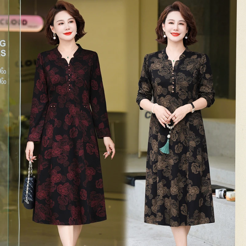 中老年妈妈秋装气质长袖连衣裙2024新款中年女士碎花洋气时尚裙子