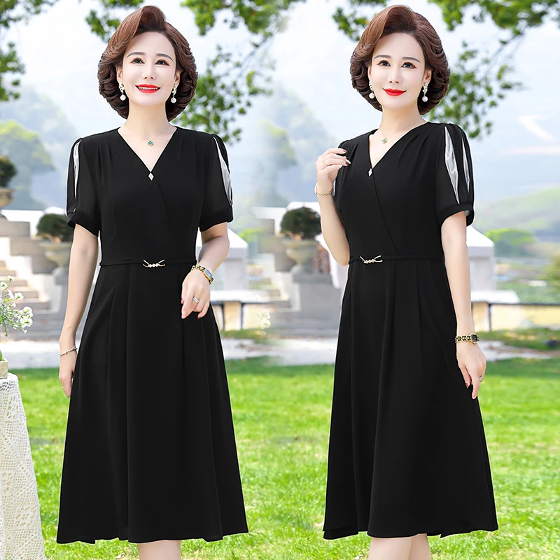 母亲节妈妈夏装洋气短袖雪纺裙子2025新款中年女季洋气显瘦连衣裙