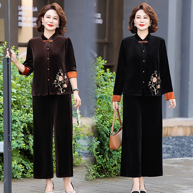 洋气妈妈秋装外套中老年金丝绒套装2024新款国风中年妇女春秋上衣