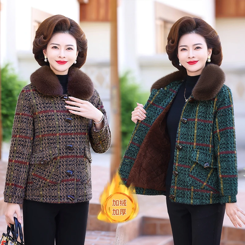 妈妈冬装加绒格子毛呢外套短款新款洋气高贵中老年女加厚呢子上衣