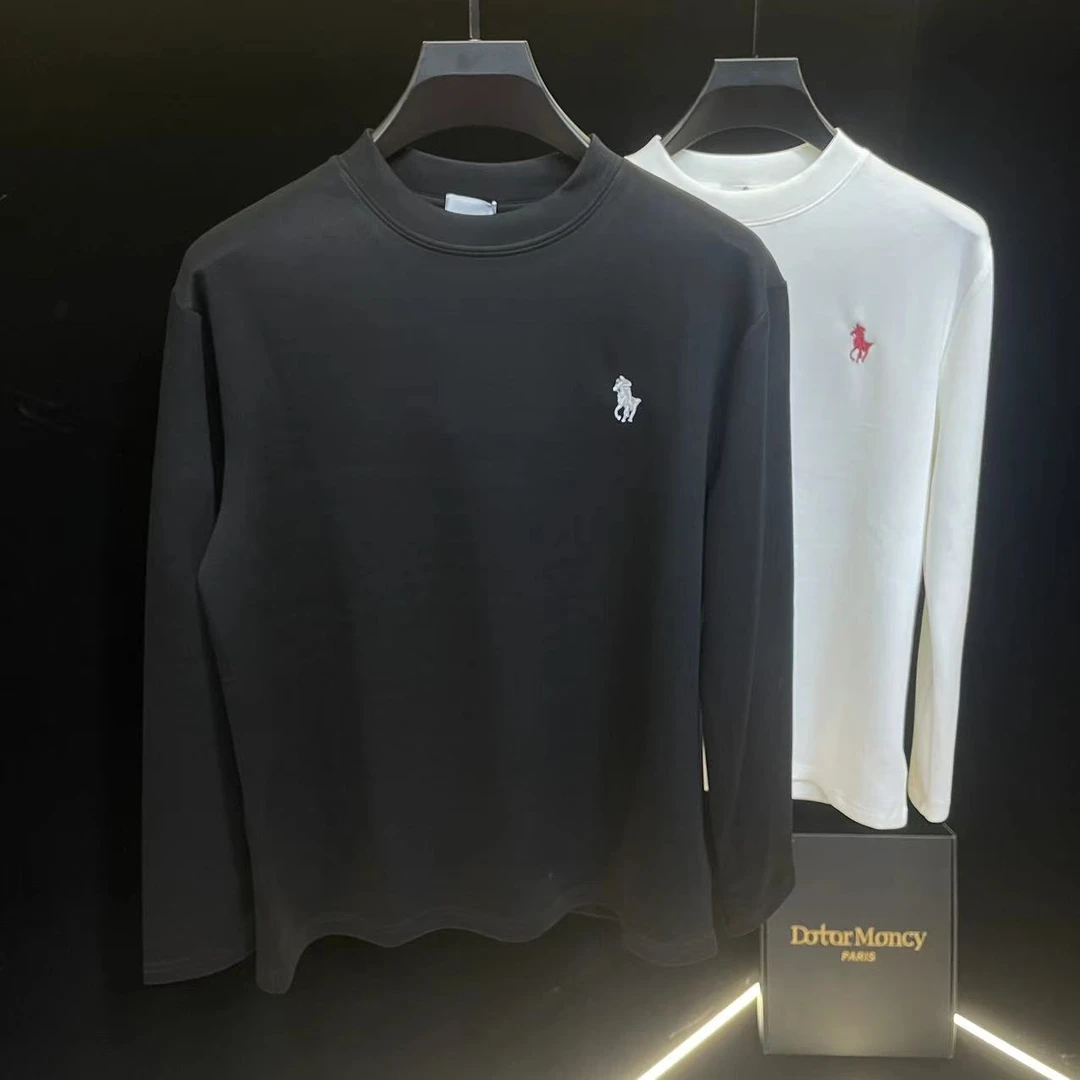 连卡佛-2192-美式华棉拉夫刺绣小战马纯色圆领长袖上衣打底衫