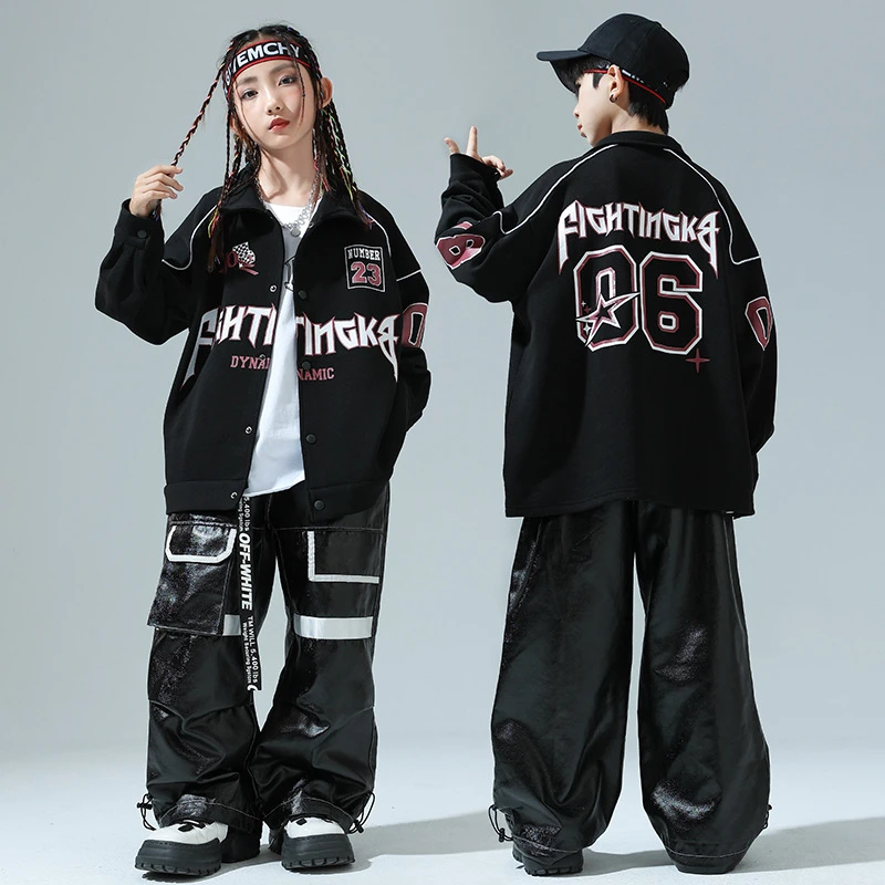 儿童美式街舞演出服秋季女孩爵士舞蹈表演服男童嘻哈帅气皮裤套装