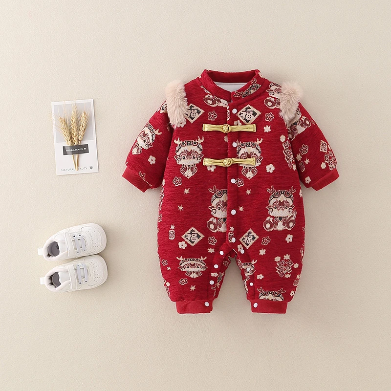 小龙人冬款加厚夹棉闭档连体衣哈衣婴儿宝宝满月百日宴童装衣服