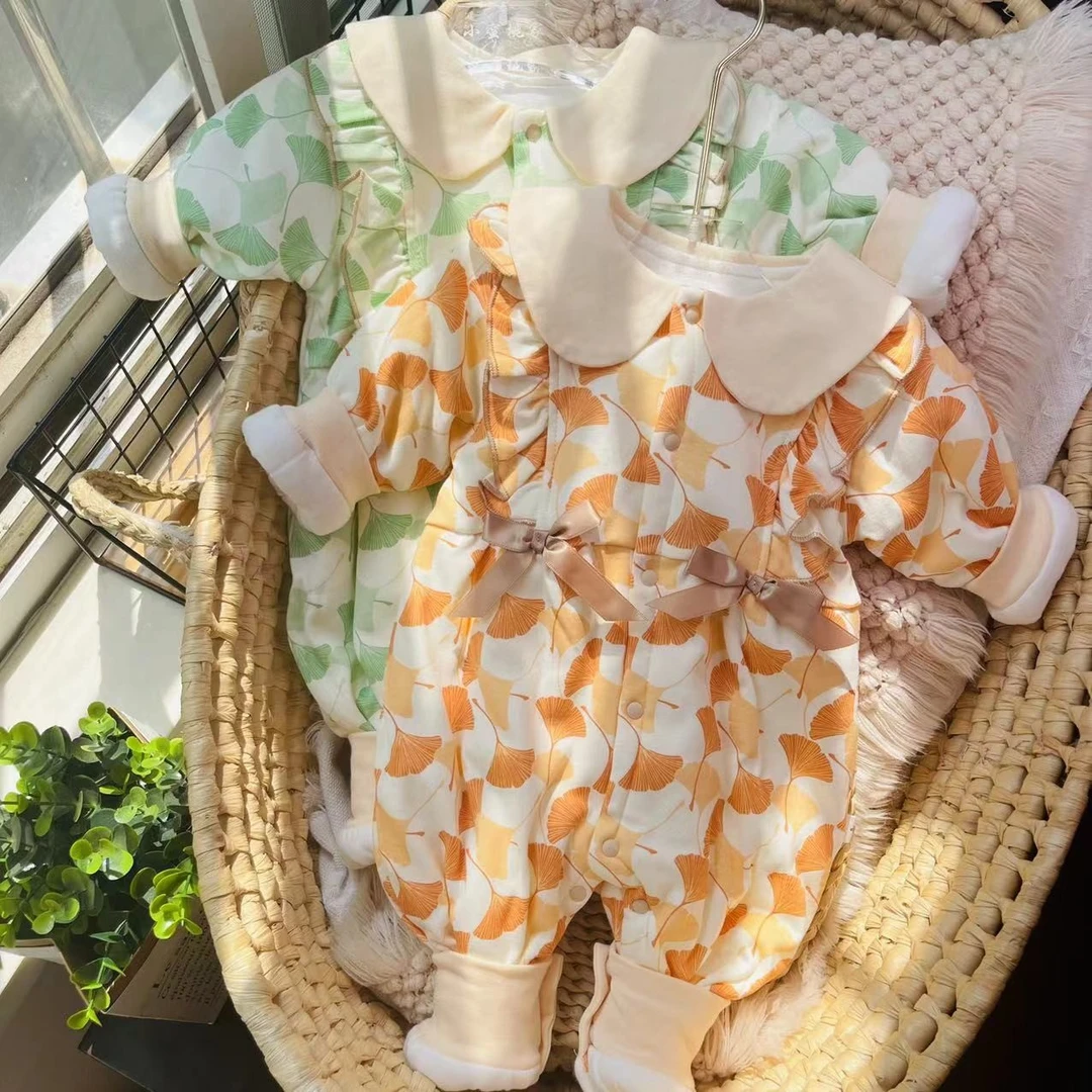 （清仓）蝴蝶结银杏叶 女宝旗袍120克秋冬款婴幼儿闭档哈衣连体衣