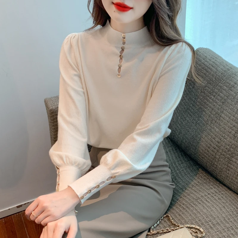 2025秋冬半高领灯笼袖针织衫女士气质优雅百搭打底衫修身显瘦上衣