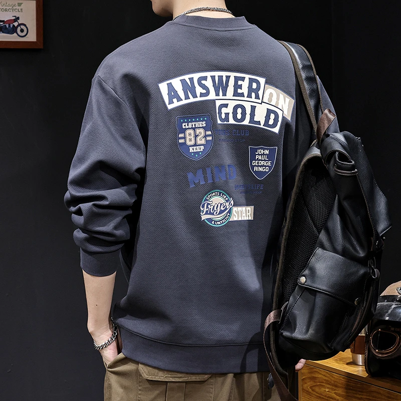 LEIGHZ/雷茨复古重磅斜纹印花卫衣男2024新款潮牌秋冬款男士长袖