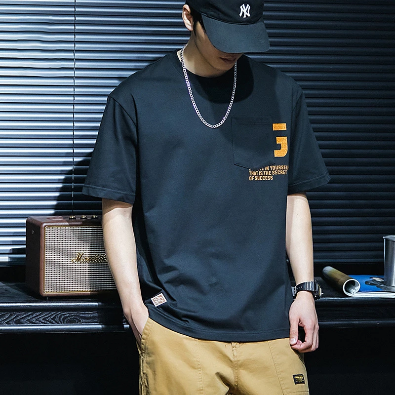 LEIGHZ/雷茨230g重磅夏季短袖t恤男士宽松大码黑色圆领半袖男装