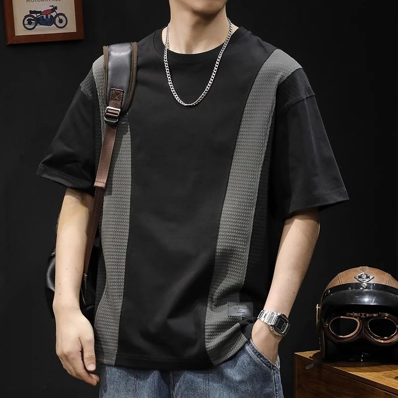 LEIGHZ/雷茨2025新款棉大码夏季圆领短袖半袖ins假两件男装t恤