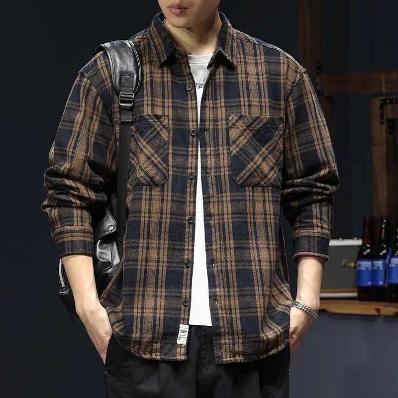 LEIGHZ/雷茨美式潮流多口袋格子衬衫男设计感休闲衬衣春秋季潮牌