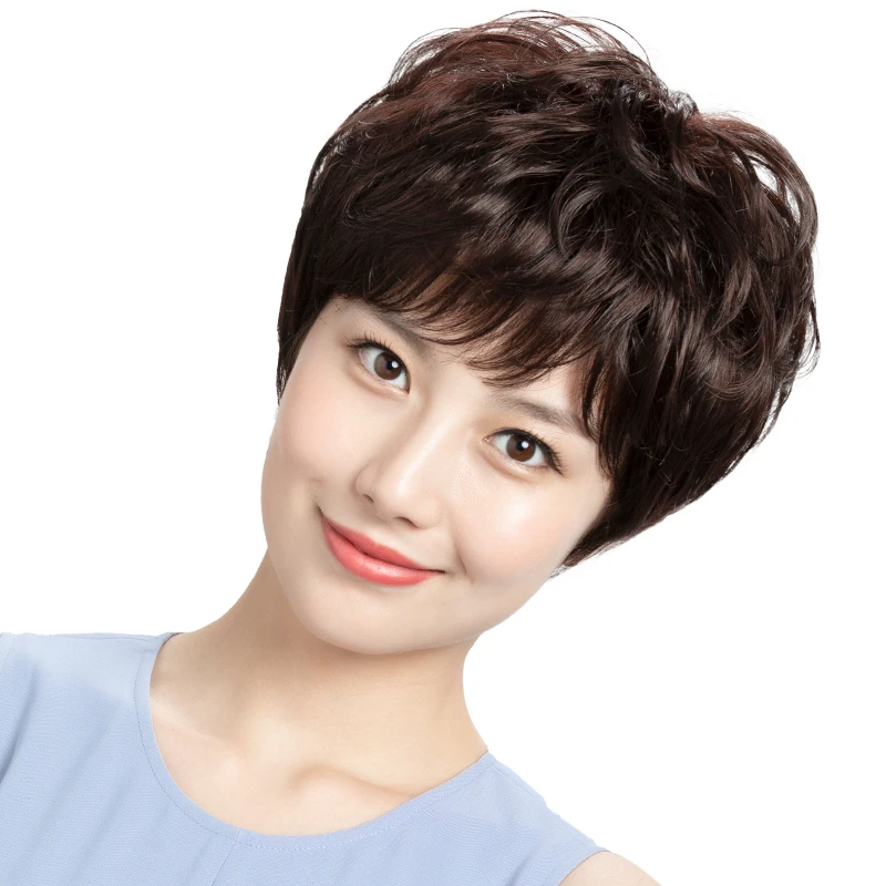 假发女短发全头套妈妈女士真发自然中老年短卷发手织真人发丝发套
