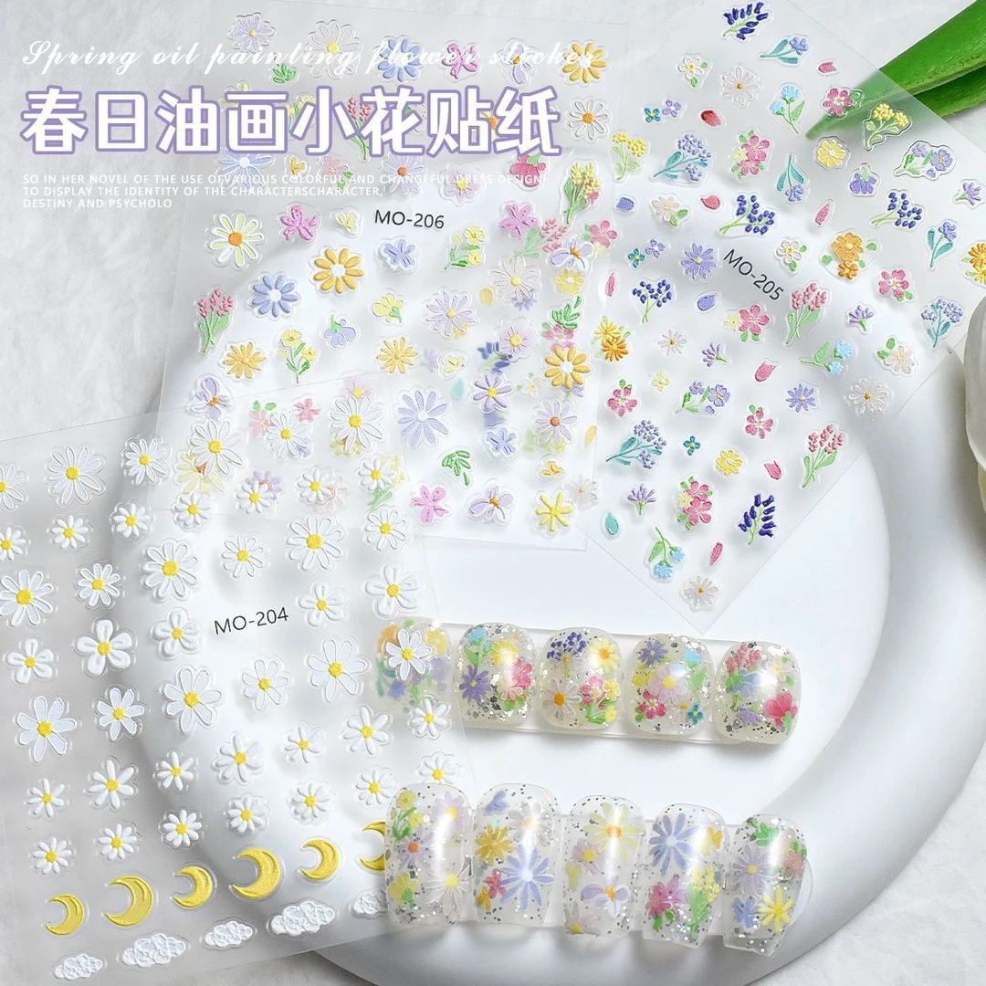 新款小清新春日野花美甲贴纸ins浮雕立体指甲印贴油画小野花简约