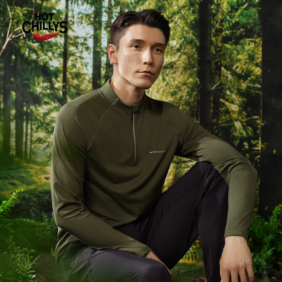 HOTCHILLYS热椒桃皮男士拉领速干上衣透气抑菌户外徒步运动长袖