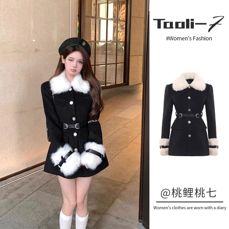 小香风毛领拼接毛呢外套女秋冬千金风气质名媛中长款收腰呢子大衣