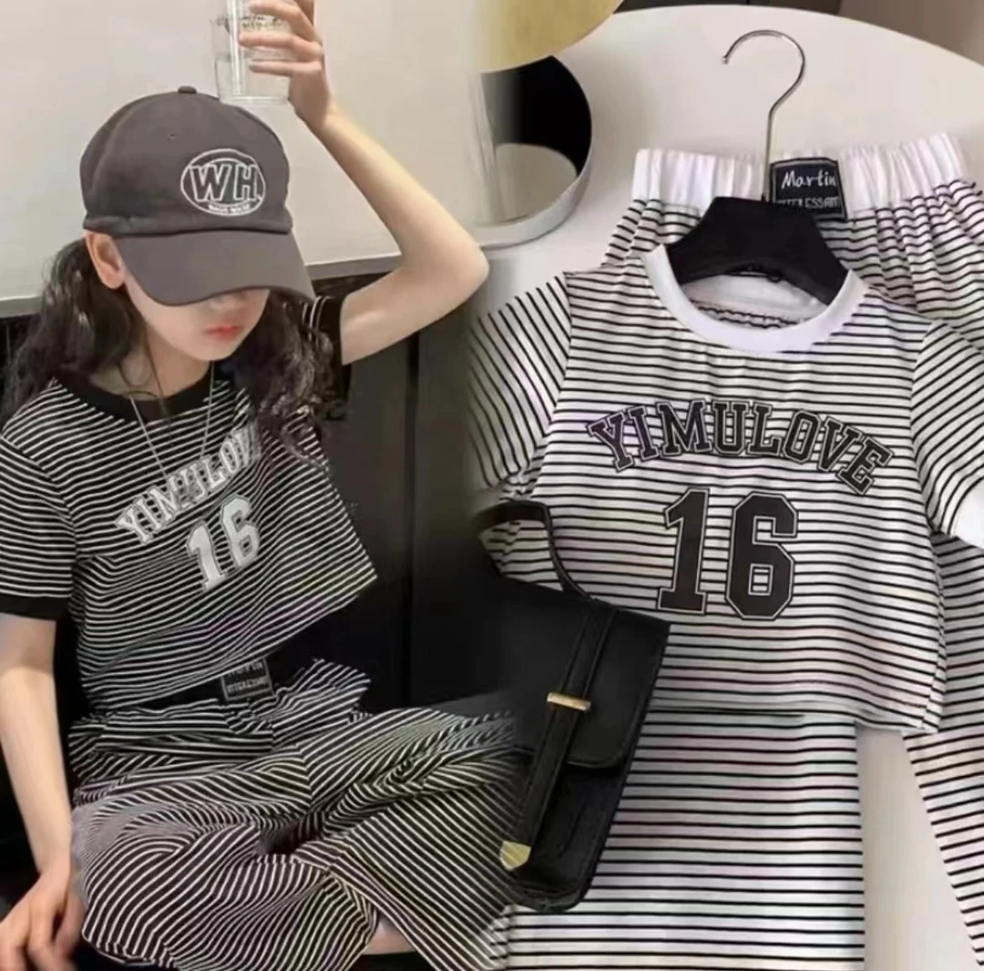 夏季新款女童条纹洋气韩版时髦套装圆领百搭时尚