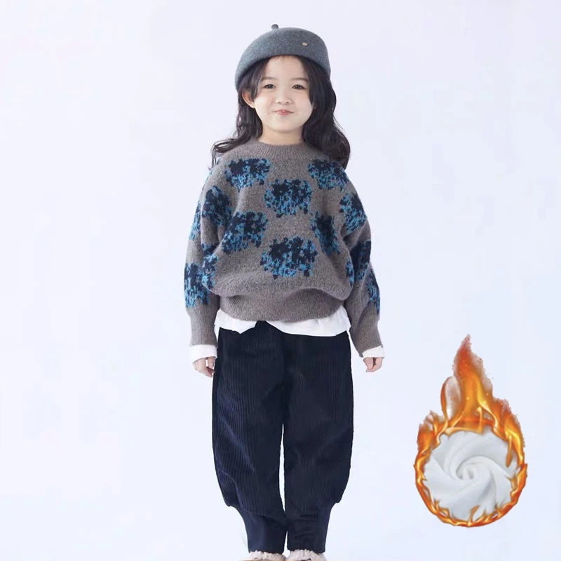 女童2023秋冬装儿童针织衫洋气复古风撞色套头半高领加绒加厚毛衣