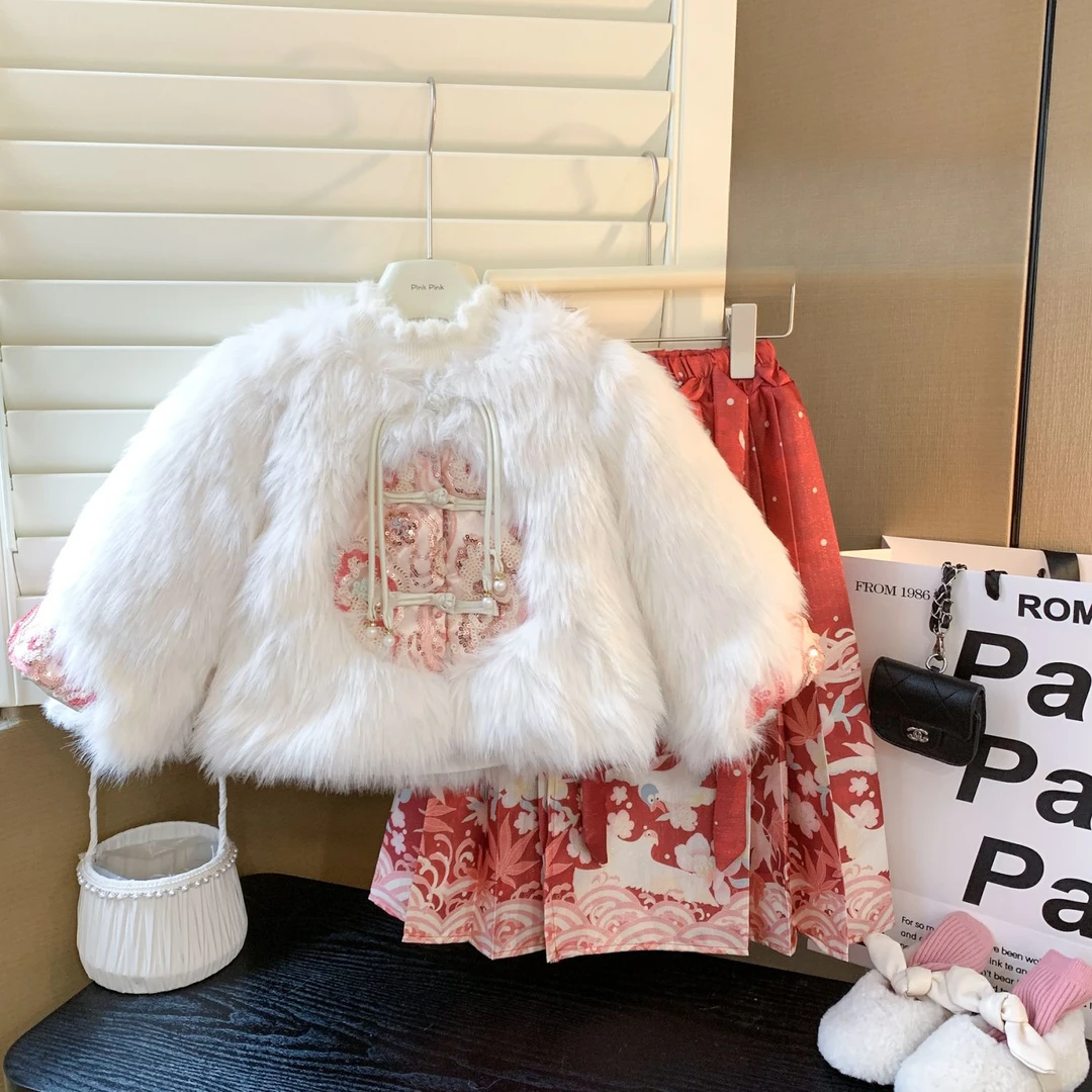 女童冬装汉服加绒加厚小女孩儿童拜年服套装中国风宝宝唐装马面裙