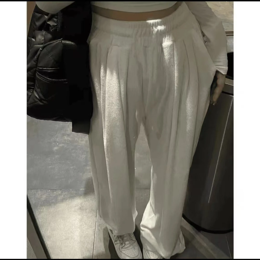 网红休闲松紧腰休闲家居懒人白色松紧腰拖地阔腿裤