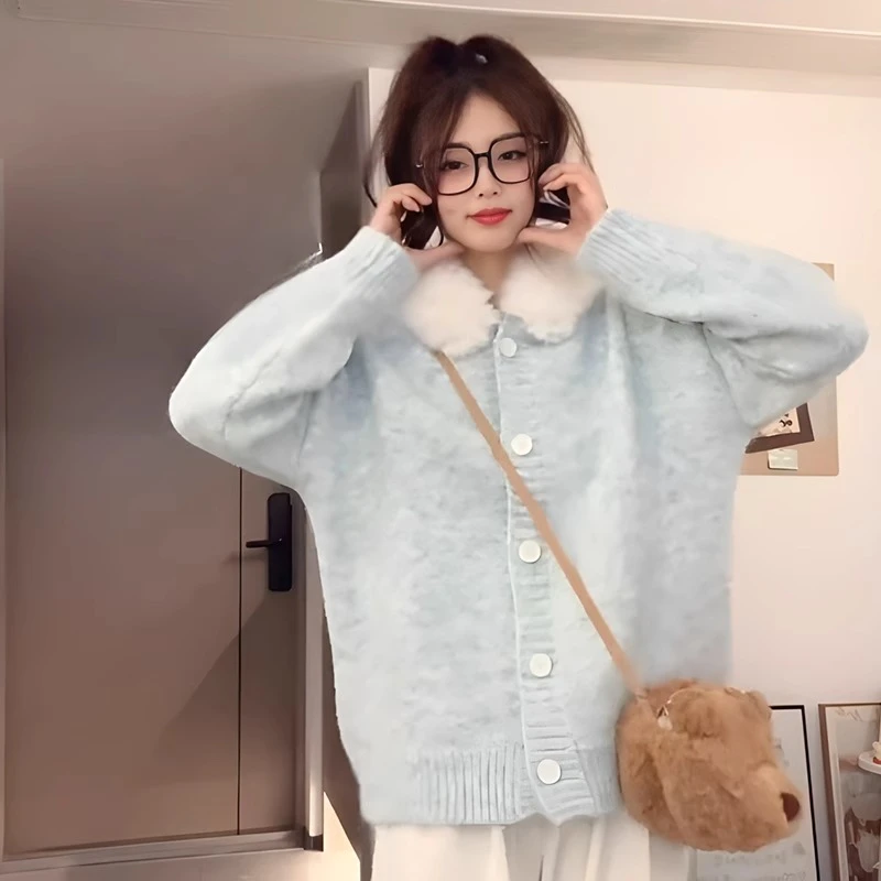 日系软糯毛绒绒针织开衫女秋冬新款可拆卸领子设计感小众毛衣外套