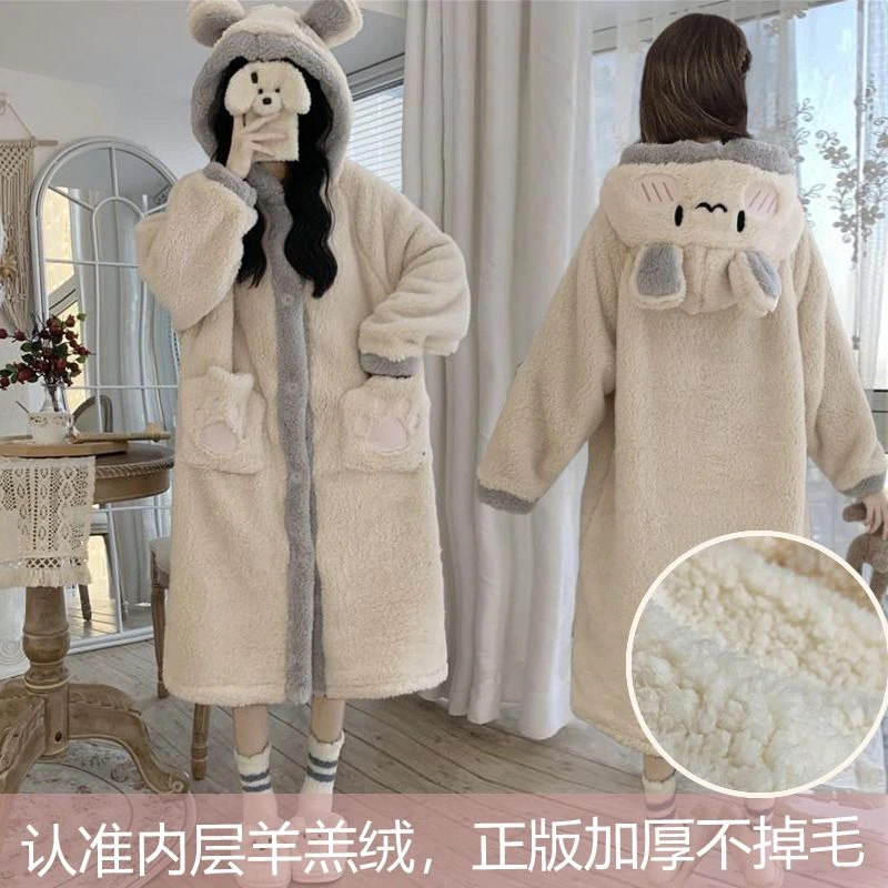 韩版秋冬睡衣女学生可爱珊瑚绒加绒加厚保暖ins睡裙浴袍长款睡袍