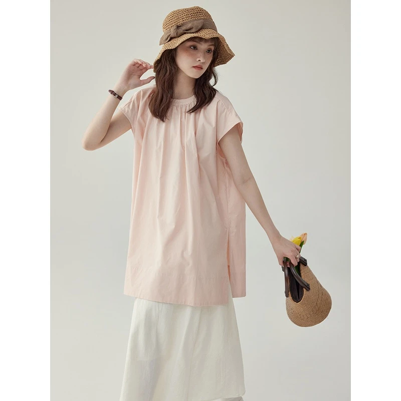 「北岛AMUU」日系复古休闲无袖圆领慵懒风衬衫女夏季宽松褶皱上衣