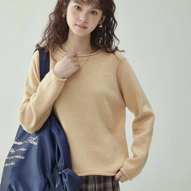 「北岛AMUU原创」甜美纯色圆领休闲毛衣女秋冬季新款卷边内搭上衣