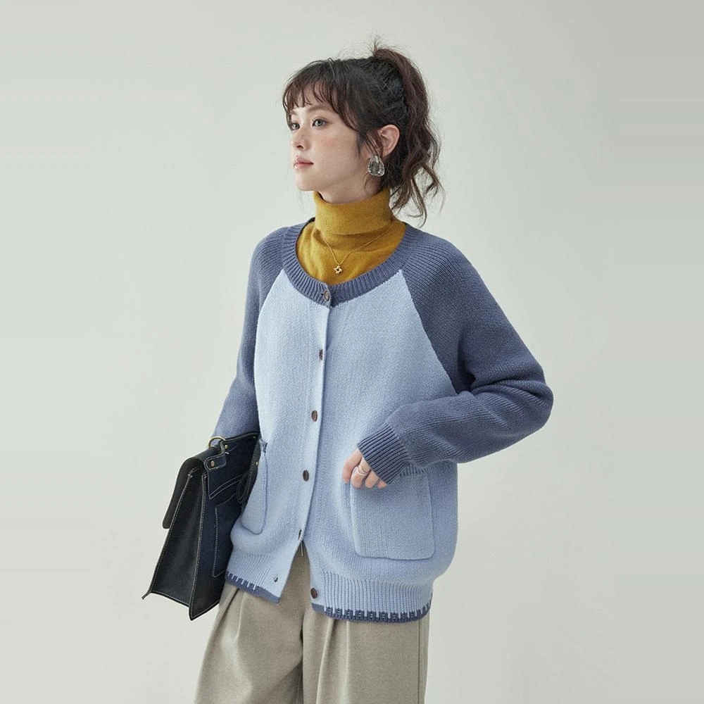 「北岛AMUU原创」拼色长袖单排扣毛衣外套女冬季新款减龄针织上衣