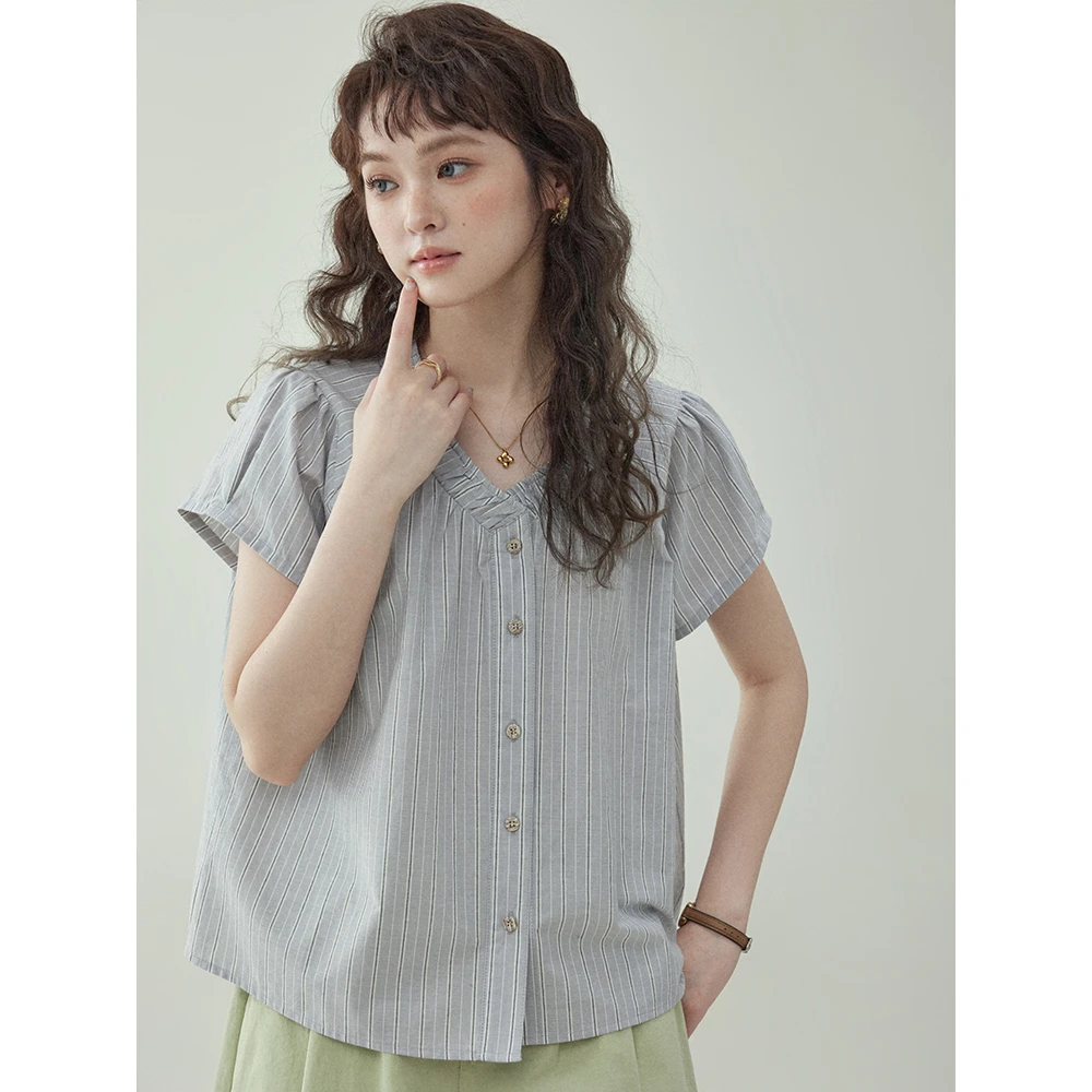 「北岛AMUU原创」韩系条纹v领单排扣衬衫女夏季新款宽松短袖上衣