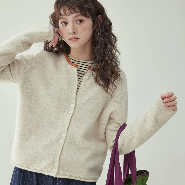 「北岛AMUU原创」拼色圆领长袖针织毛衣女秋冬季外套卷边开衫上衣