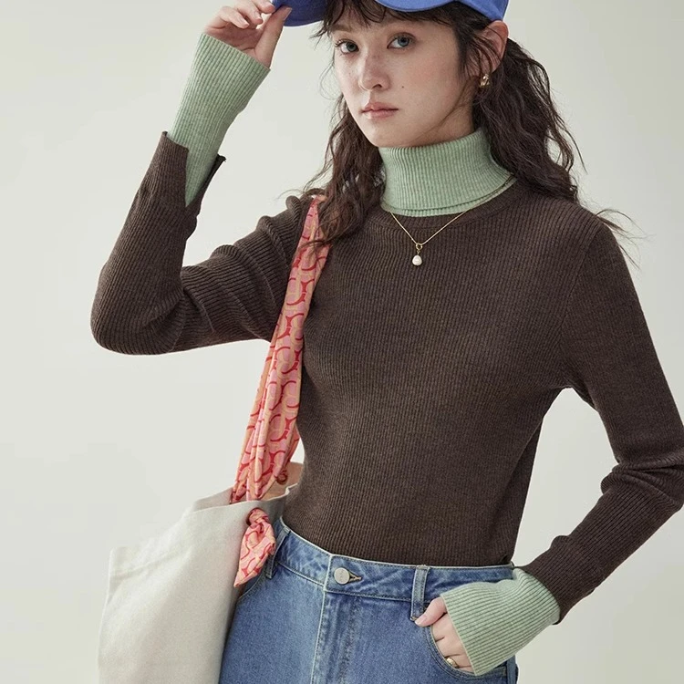 「北岛AMUU原创」韩系拼色高领修身针织衫女秋冬打底显瘦长袖上衣