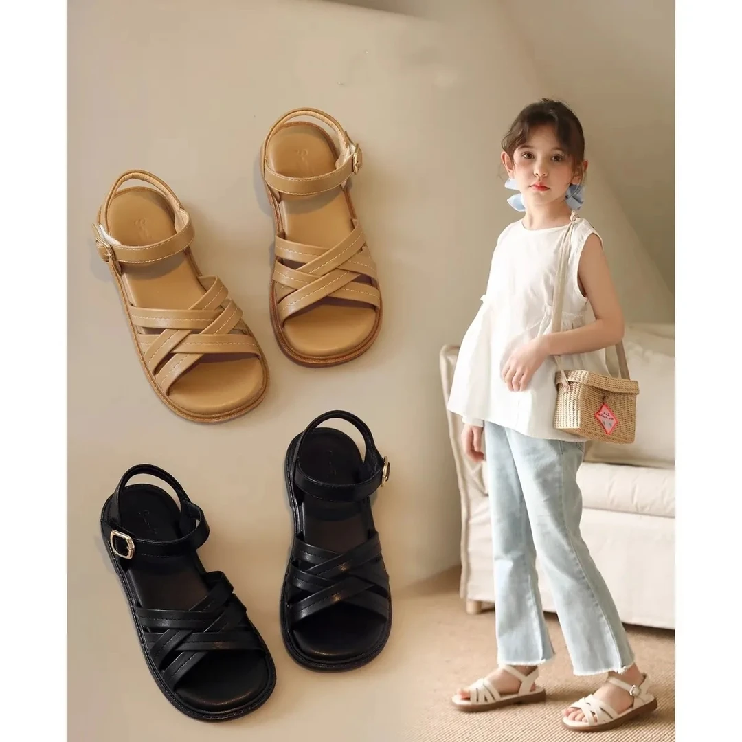 女童凉鞋时尚夏季新款儿童软底百搭罗马鞋平底软面简约时装凉鞋