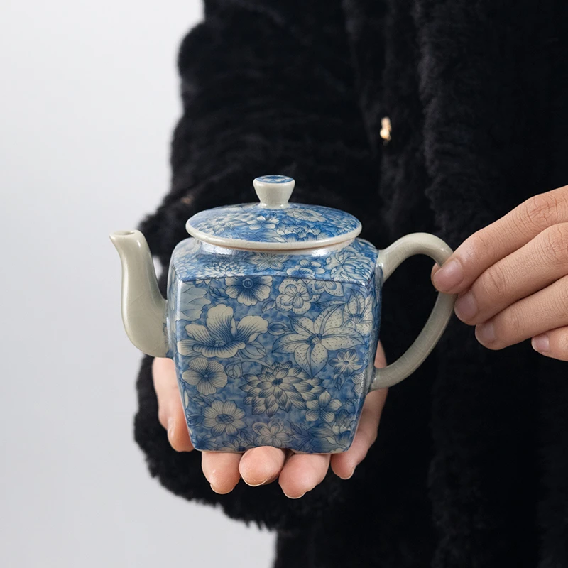 中式汝窑万花茶壶陶瓷青花四方壶复古家用功夫泡茶壶过滤单壶E346