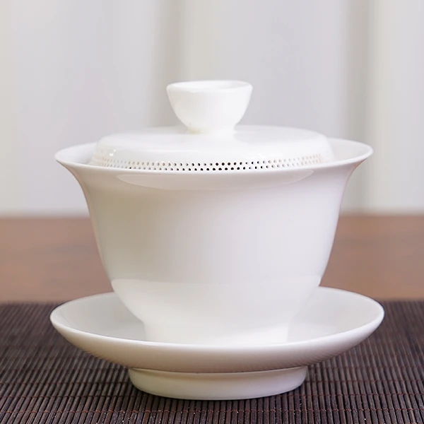 纯白防烫三才盖碗陶瓷一体千孔过滤泡茶器功夫茶具白瓷盖碗C287