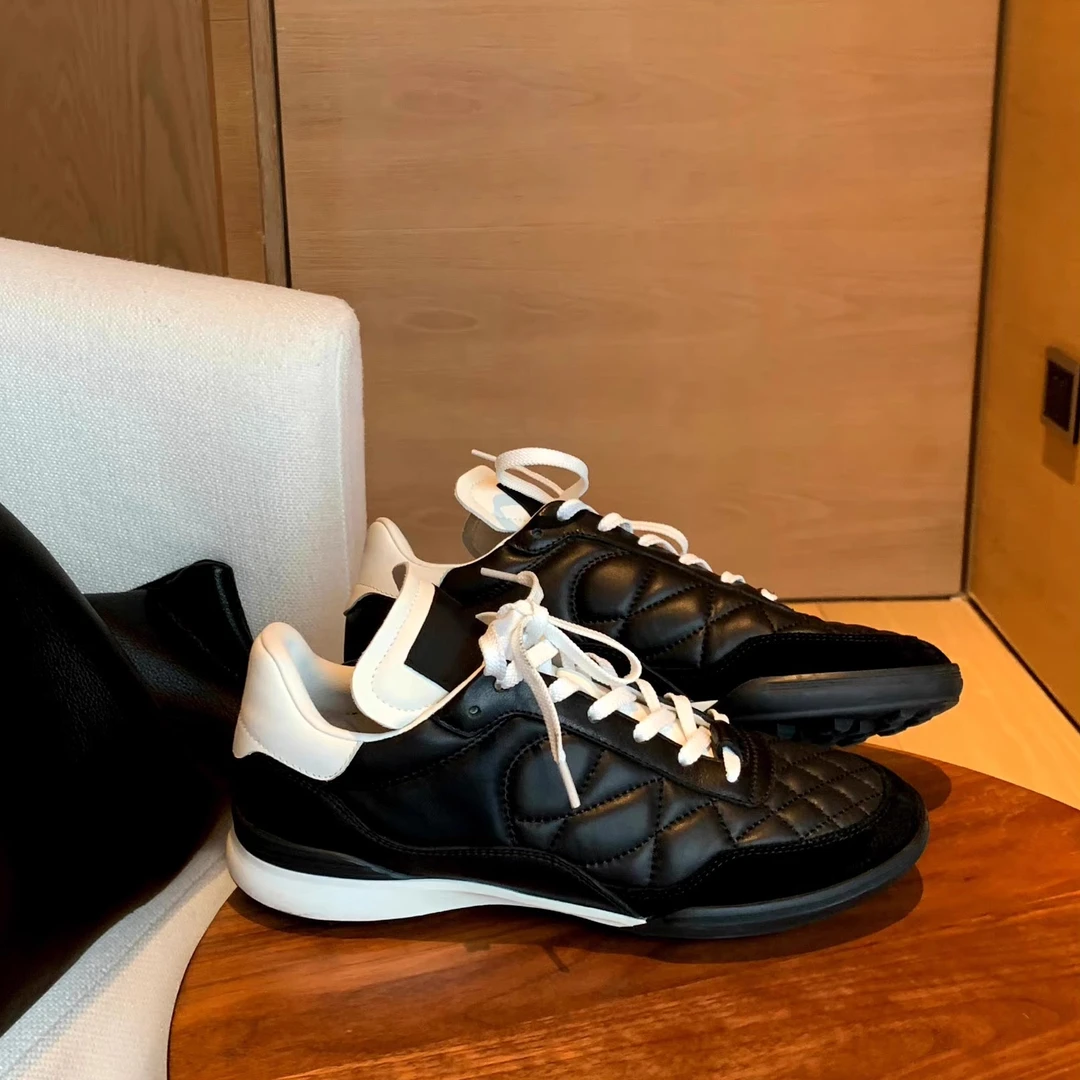 真皮厚底德训鞋小香风菱格系带休闲运动鞋牛皮版跑步鞋女小白鞋