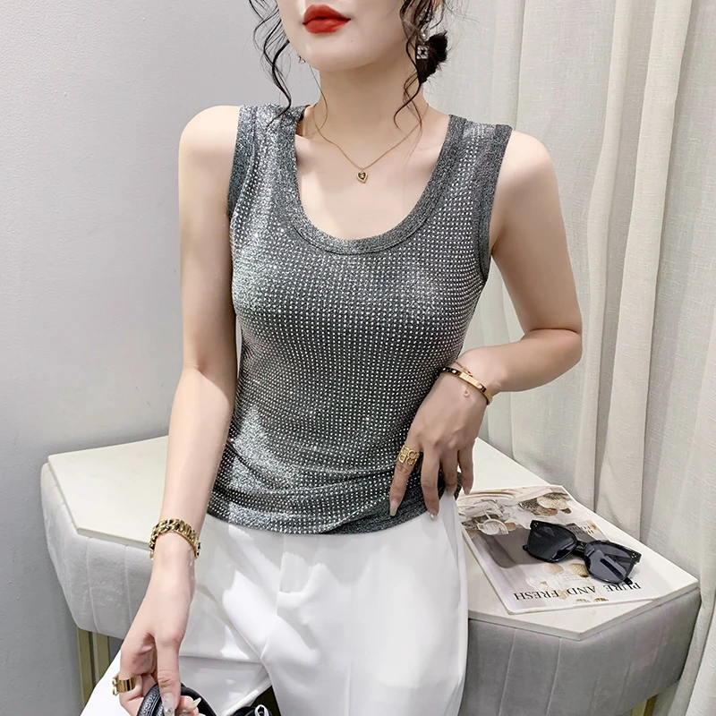 重工烫钻背心女外穿内搭打底显瘦时尚气质洋气闪闪亮钻无袖上衣夏