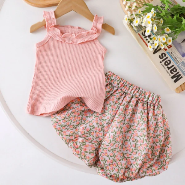 33694女童夏装潮款套装新款洋气宝宝韩系夏季背心短裤两件套