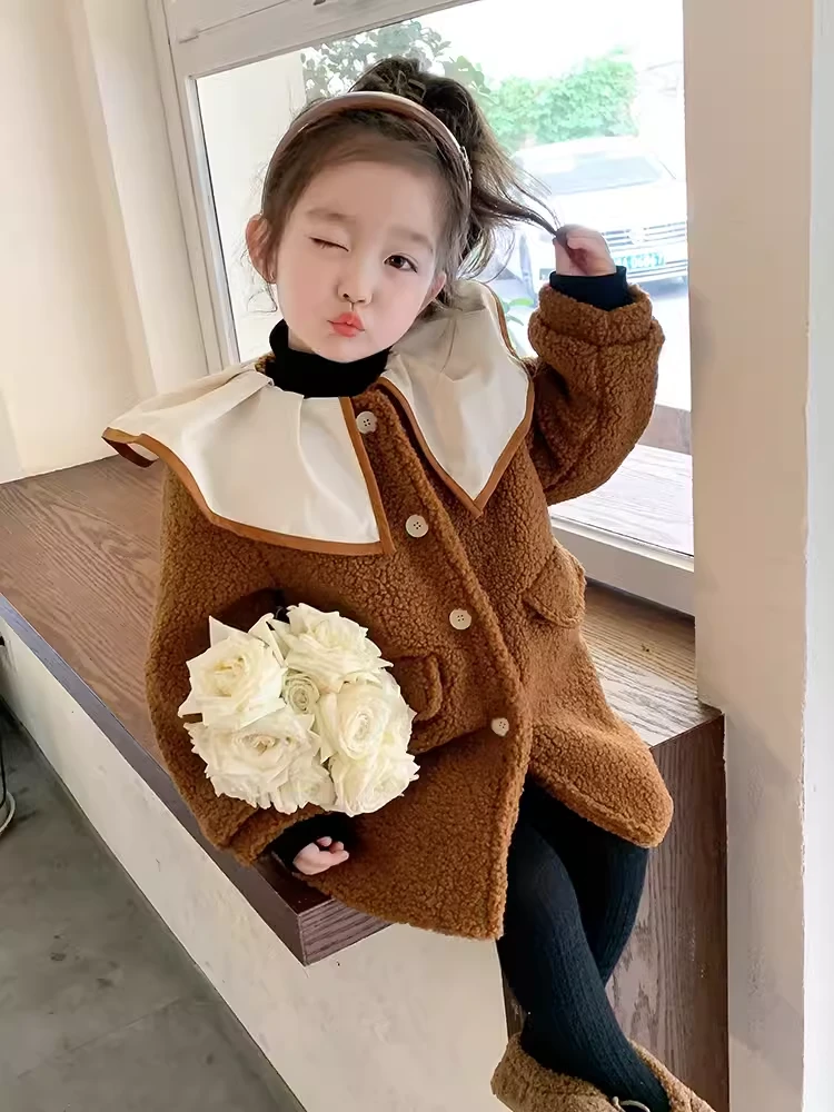 97651女童外套秋冬款儿童装羔毛翻领女宝宝夹棉大衣冬装