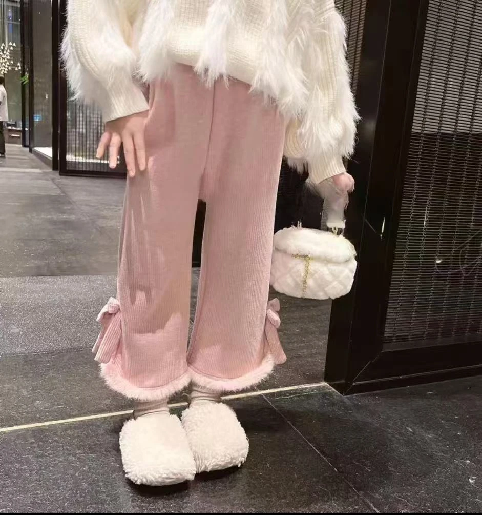 33873女童秋冬洋气加绒休闲长裤韩版时髦纯色蝴蝶结阔腿裤潮