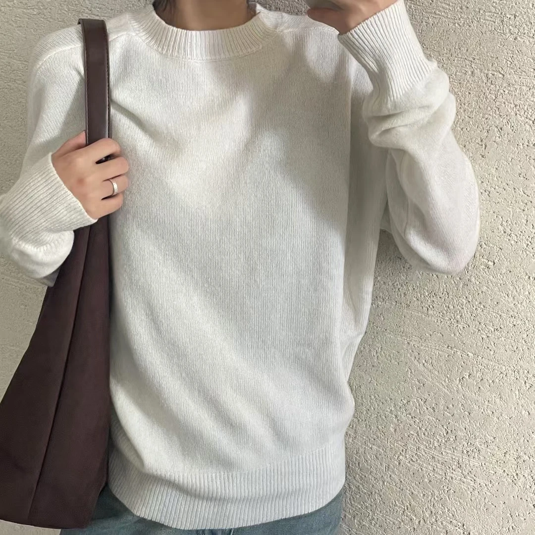 【 雨•美 推荐 】55319白色韩系百搭圆领纯色长袖帽子针织
