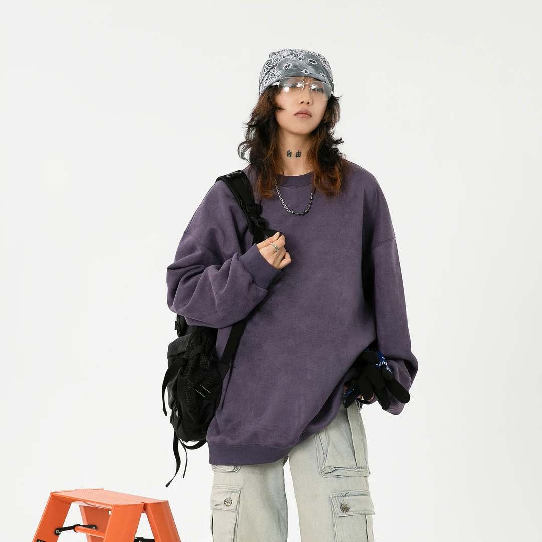 jaaniste加绒圆领休闲长袖卫衣男仿麂皮绒纯色套头男女同款上衣